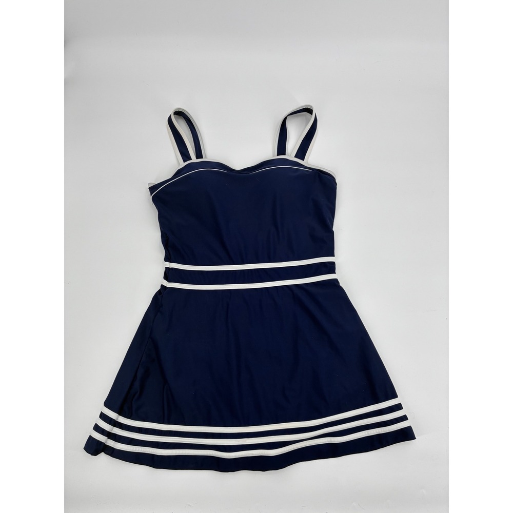 Shore Shapes Navy Blue White Striped Swim Dress Nautical One Piece Size 14